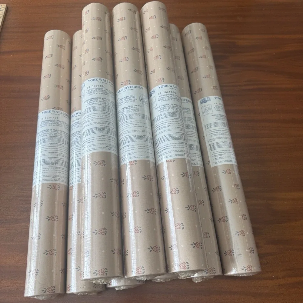 Lot of 9 York Vintage Wallpaper Pineapple Stencil Grasscloth Look 70 Sq Ft NOS
